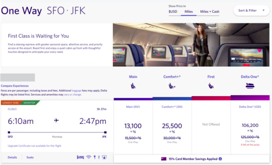 Delta award search showing the 15% cardmember discount. 