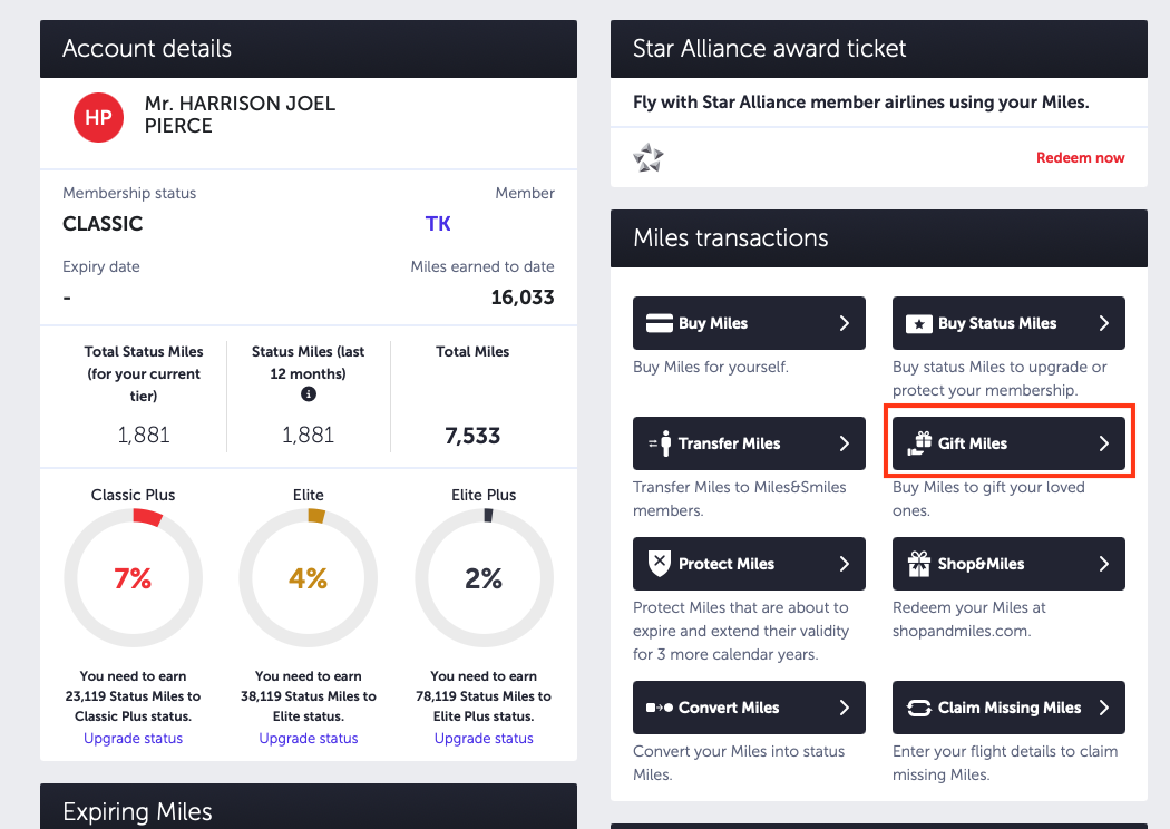 Turkish Airlines account profile with "Gift Miles" widget in a red box