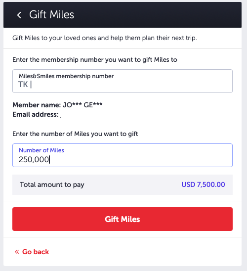 Turkish Airlines Gift Miles widget with 250,000 miles entered