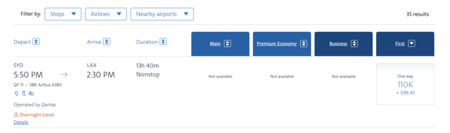 Qantas First award via AAdvantage