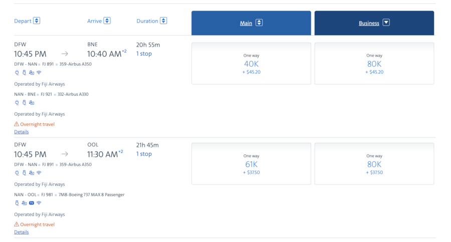 Fiji Airways award search DFW-BNE via AAdvantage