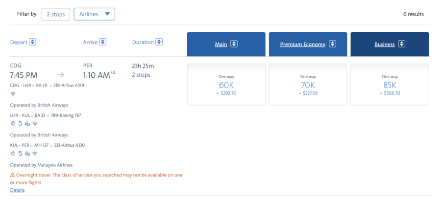 American Airlines AAdvantage award search results from Paris to Perth