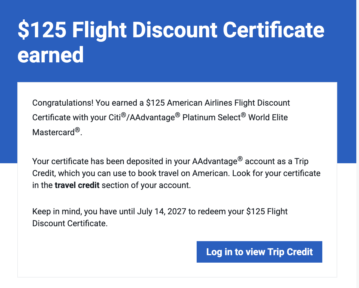 $125 Flight Discount Certificate email from Citi