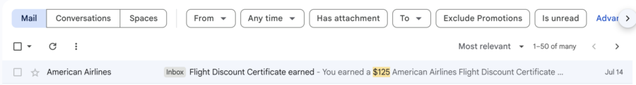 Email inbox showing a Citi message notifying the cardholder that their flight discount certificate has arrived.
