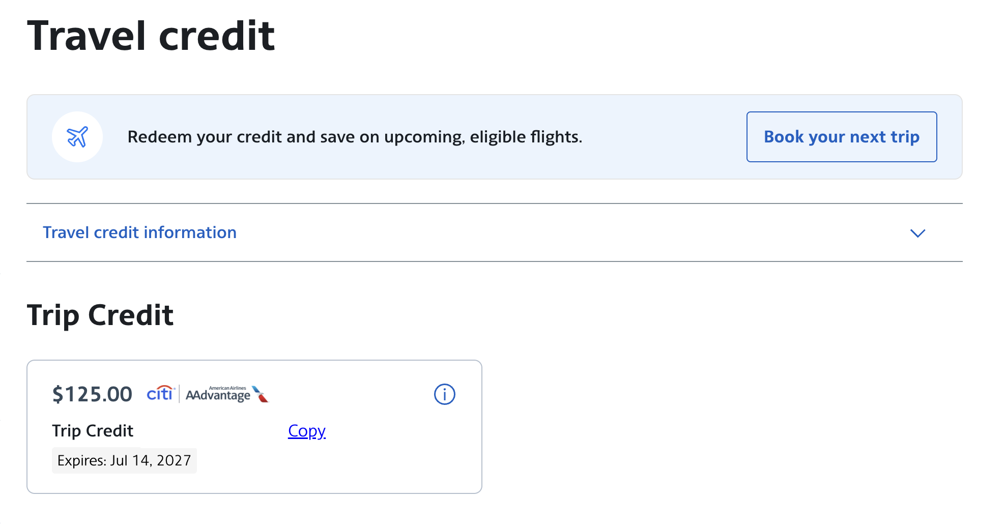 American Airlines AAdvantage account showing a $125 Trip Credit available for redemption.
