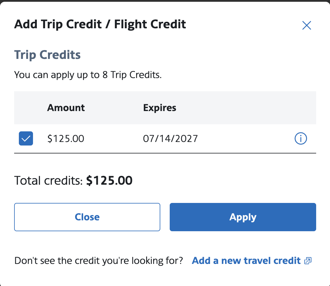 Pop-up window showing available Trip Credits and Flight Credits that can be applied to an American Airlines booking.