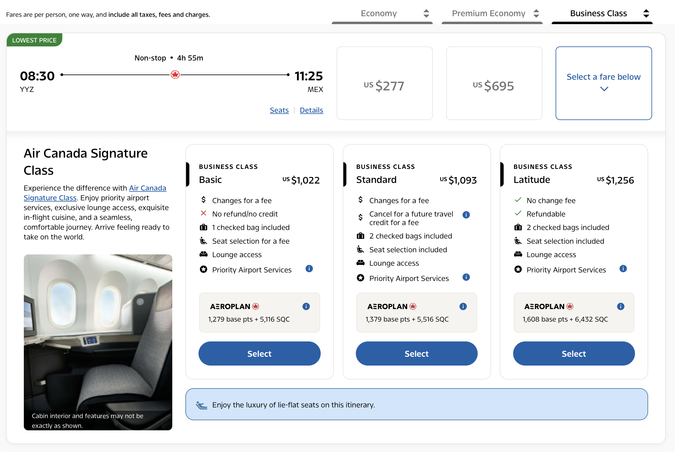 Air Canada flight search result YYZ to MEX with business class selected