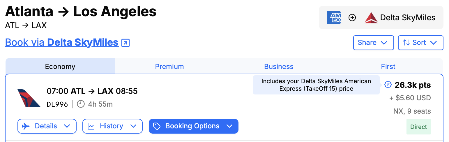 ATL to LAX flight result on Seats.aero featuring Delta cardholder discount