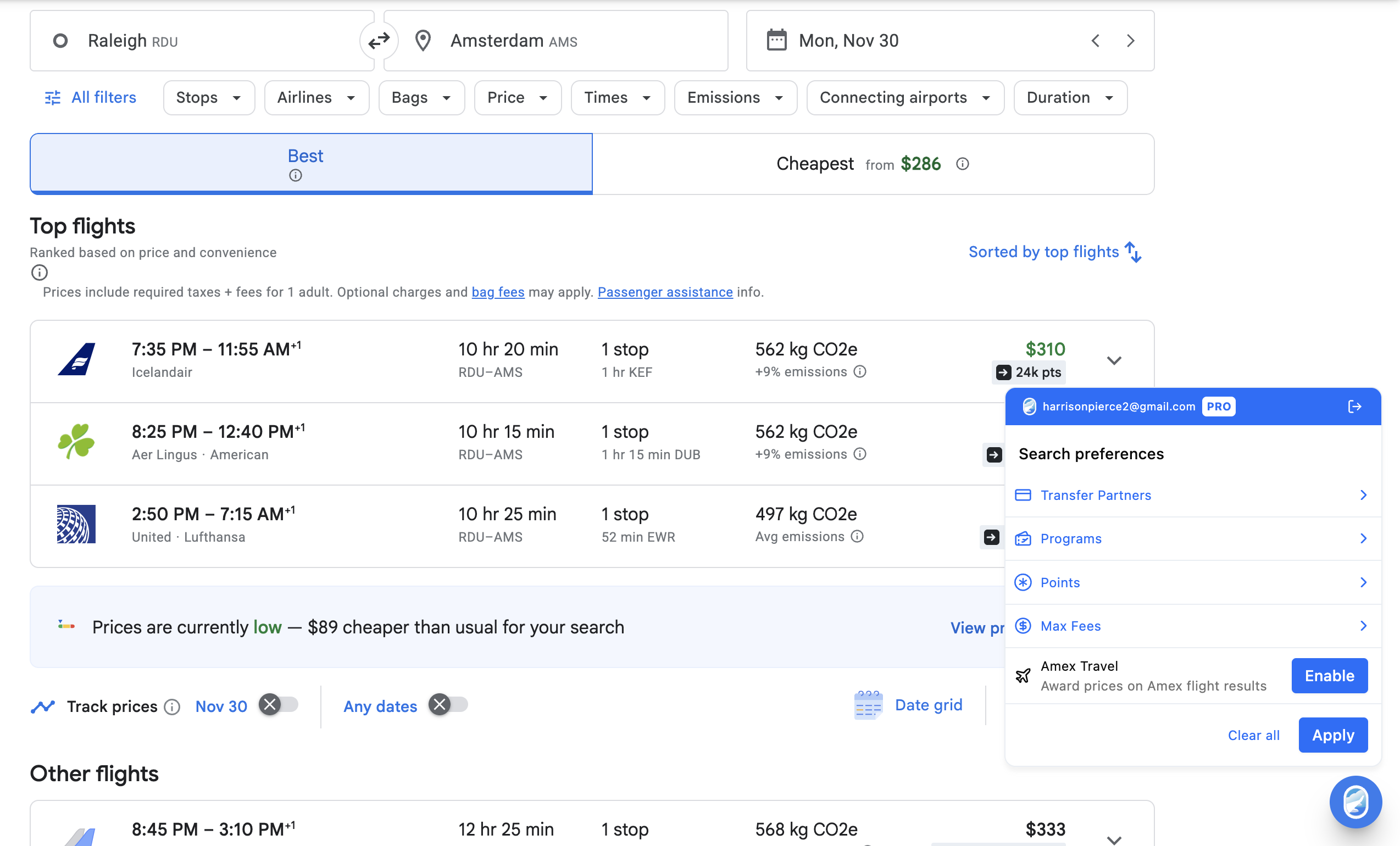 Google Flights search results for a flight from RDU to AMS with Seats.aero extension active