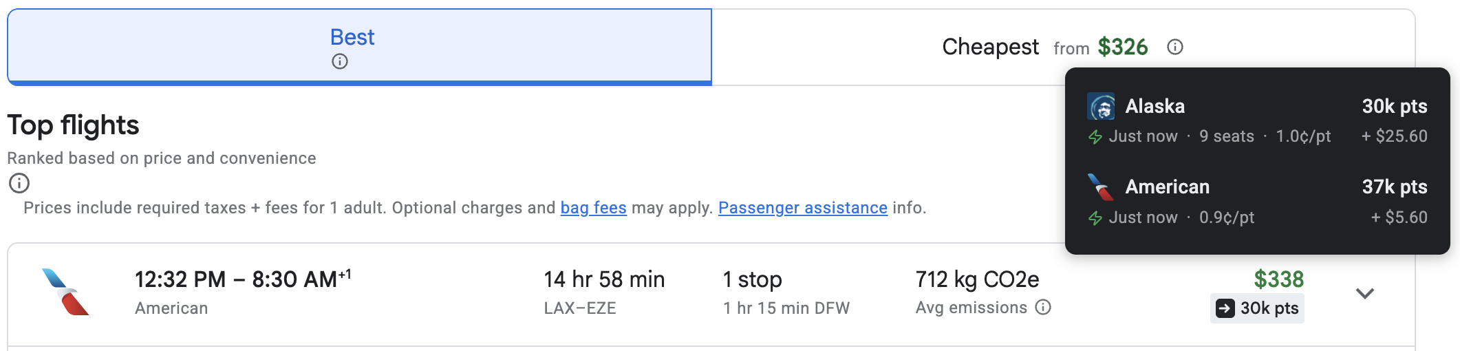 Google Flights search result with Seats.aero feature toggled on