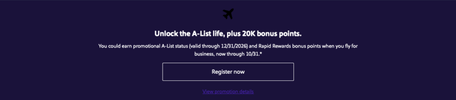 Southwest A-List and 20k bonus points promotion details