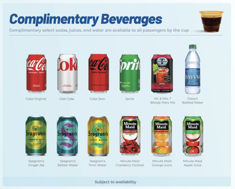 Allegiant's onboard complimentary beverages menu