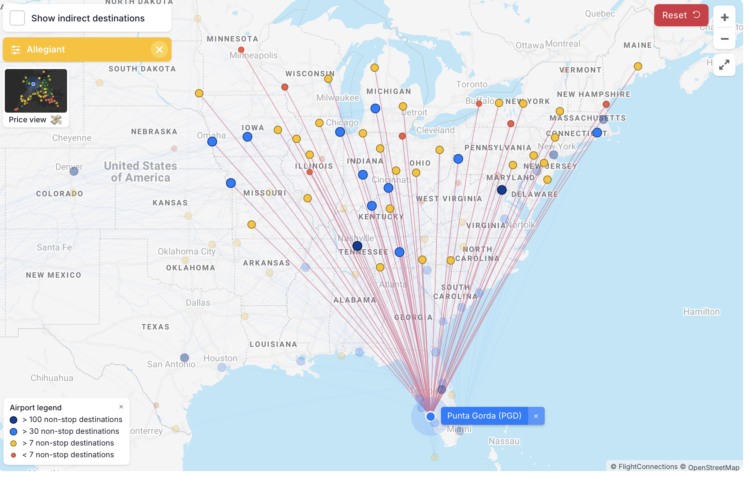 Allegiant's route map to/from Punta Gorda airport 