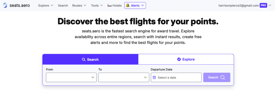 Seats.aero homepage