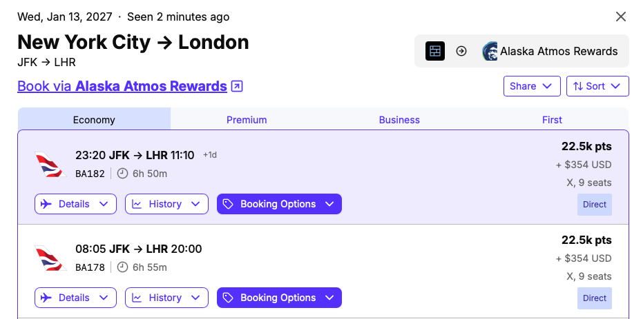 Seats.aero search result for a flight from New York City to London with booking options displayed