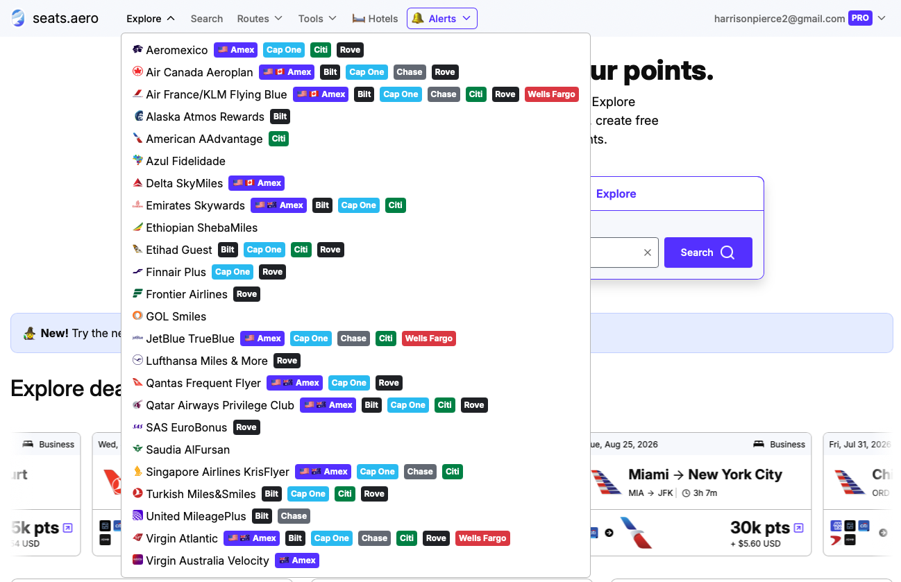 Seats.aero homepage with Explore option toggled on to show list of all tracked loyalty programs