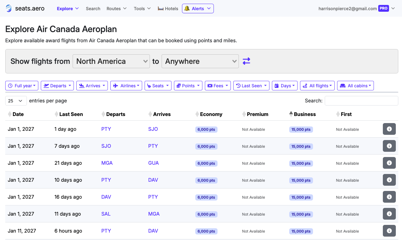 Air Canada Aeroplan explore page on Seats.aero displaying flights departing from North America