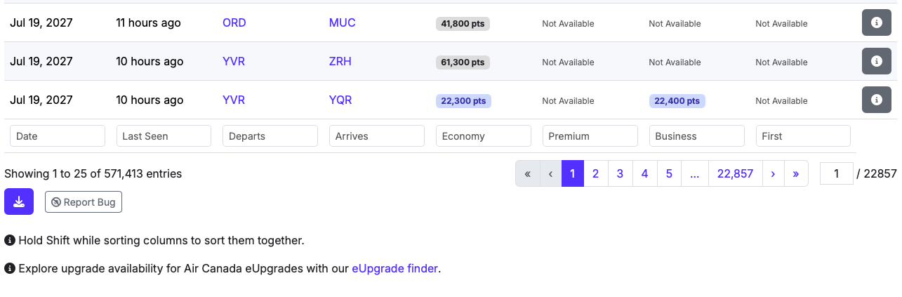 Bottom of Seats.aero search results showing filter options