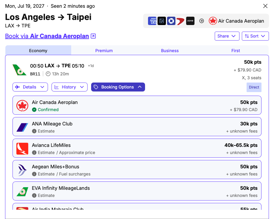 Los Angeles to Taipei search results on Seats.aero showing each program you can use to book the flight