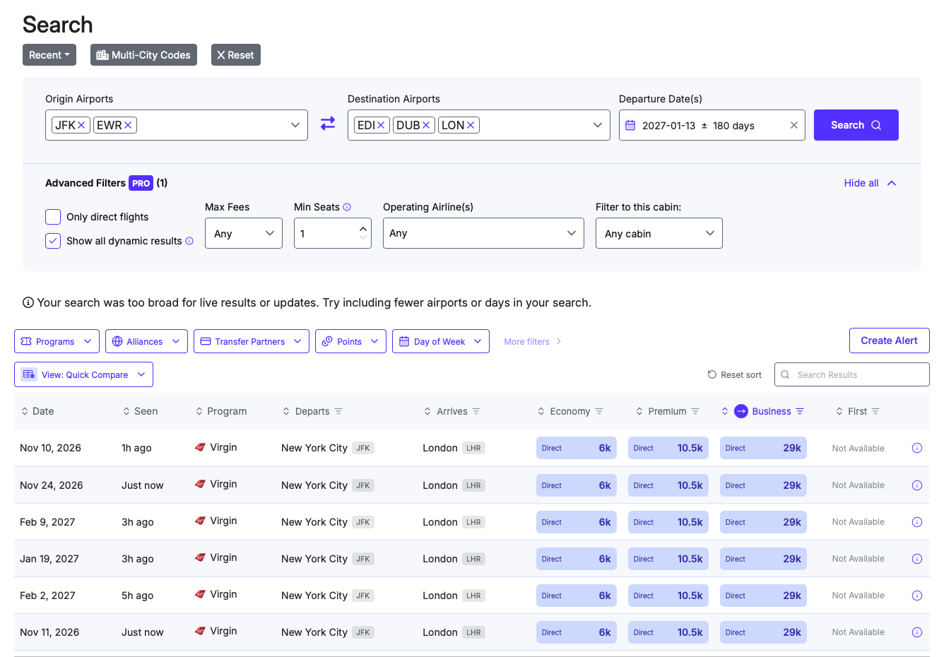 Seats.aero search tool with JFK and EWR entered as departure airports and EDI, DUB, LON entered as arrival airports