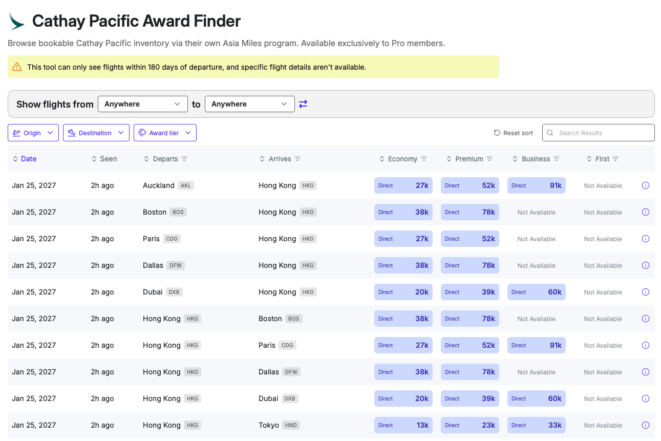 Cathay Pacific Award Finder tool on Seats.aero