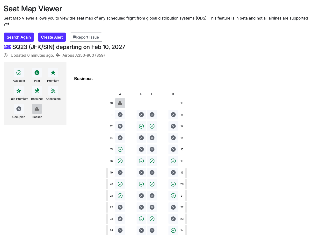 Seats.aero seat map viewer for SQ23 on February 10, 2027