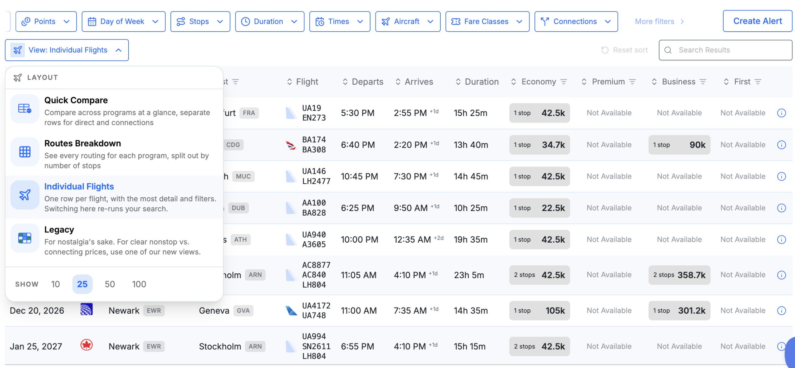 Seats.aero search page with view section toggled on