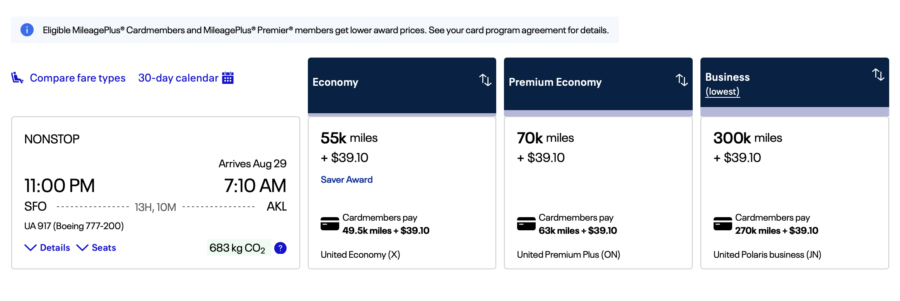 United MileagePlus Premium Economy award for 70K, SFO-AKL