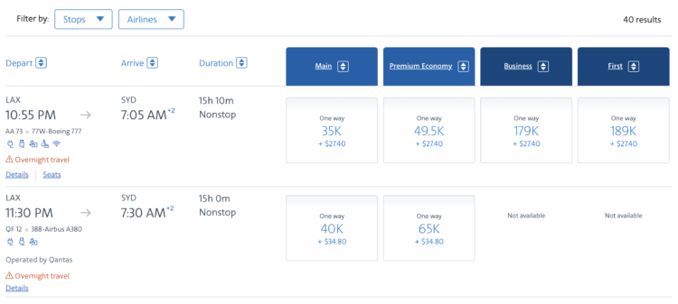 AA and Qantas awards for 49.5K and 65K, LAX-SYD