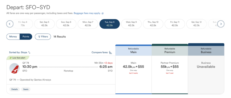 Alaska Atmos Premium Economy award for 55K SFO-SYD in PremY