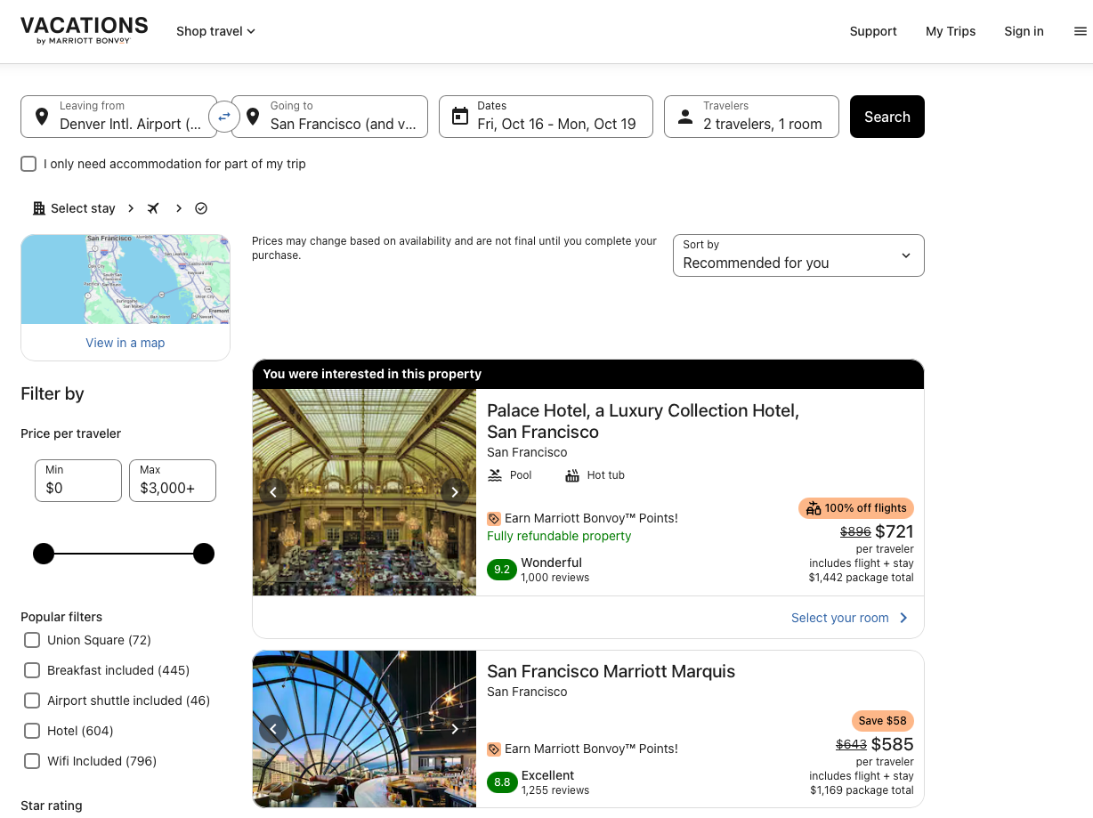 Vacations by Marriott Bonvoy search results for 3+ night trips to San Francisco