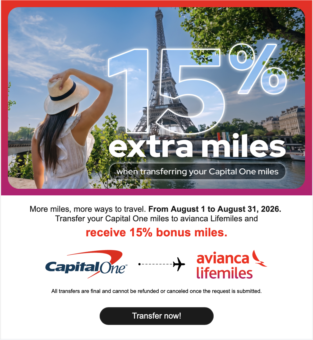 Details on the 15% bonus when trasnferring miles from Capital One to Avianca LifeMiles