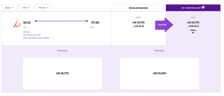 LifeMiles search result for a flight from JFK to BRU on Brussels Airlines