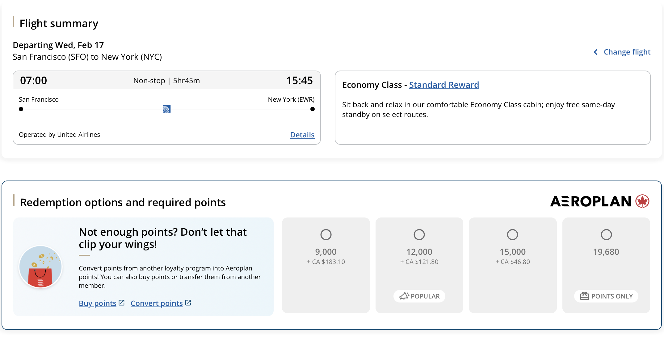 Air Canada flight summary page for a flight from SFO to NYC