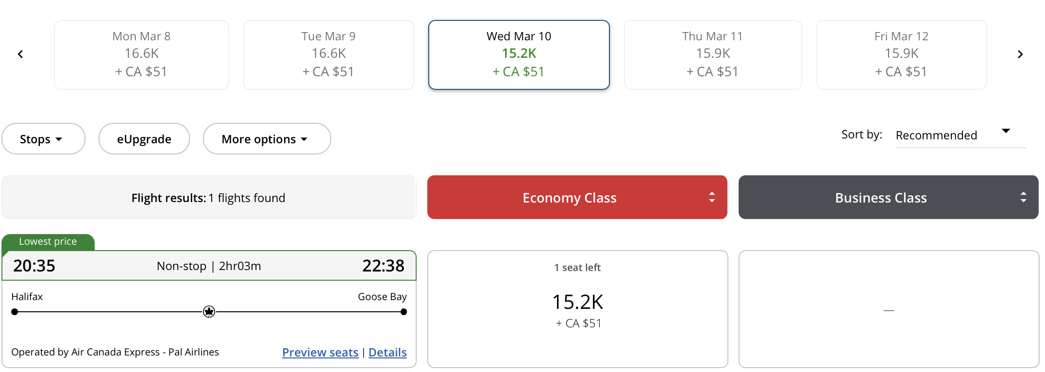 Air Canada search result for Halifax to Goose Bay