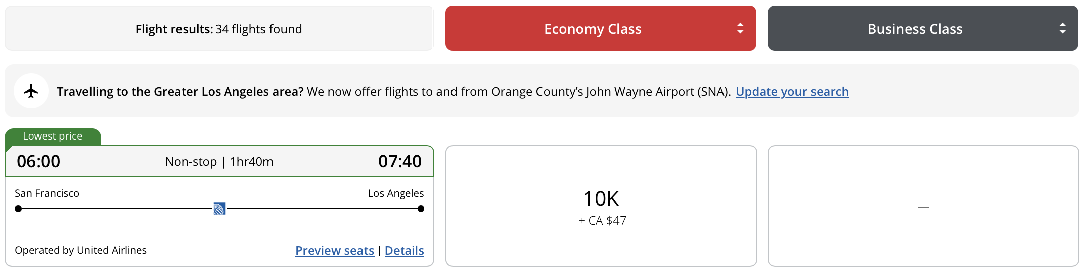 Air Canada award search results displaying a flight from SFO to LAX operated by United