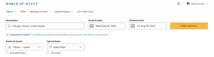Searching for a hotel on Hyatt's website