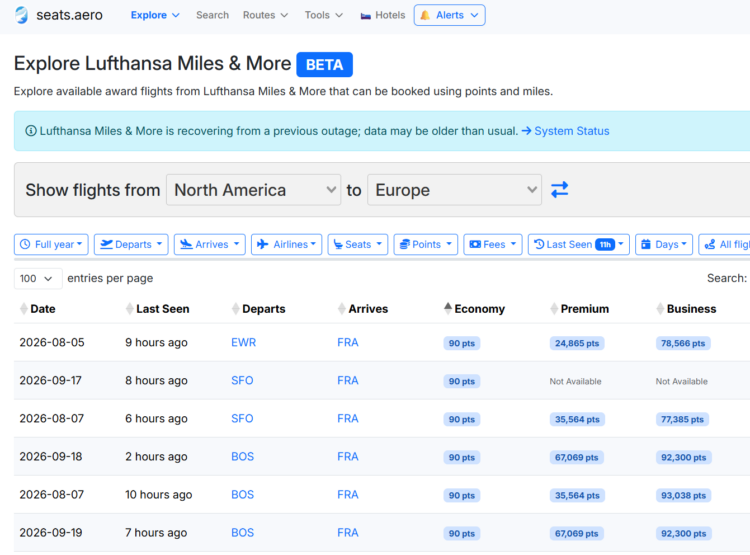 Seats.aero Explore tool showing Lufthansa awards from 90 miles each way