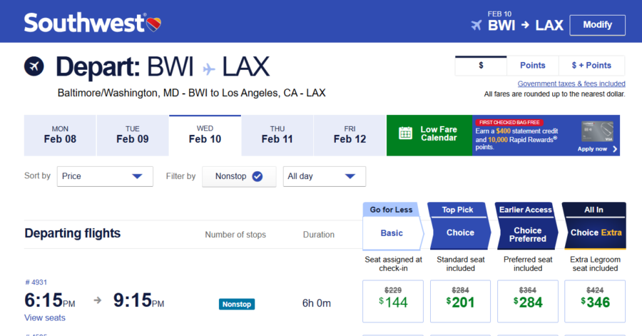 Screenshot of Southwest Airlines flight search results showing discount code applied