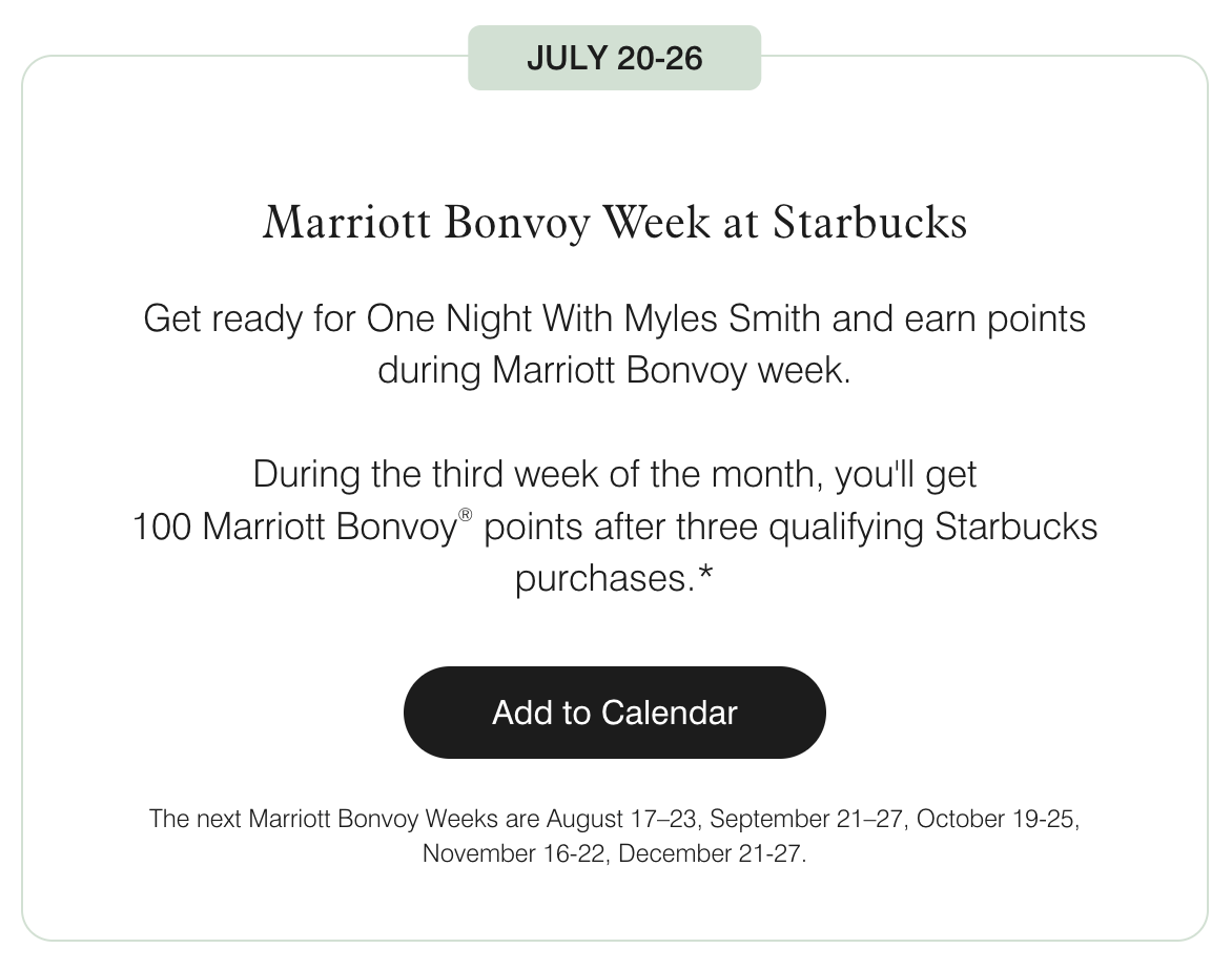 Screenshot of Starbucks / Marriott member week promo for July 2026.