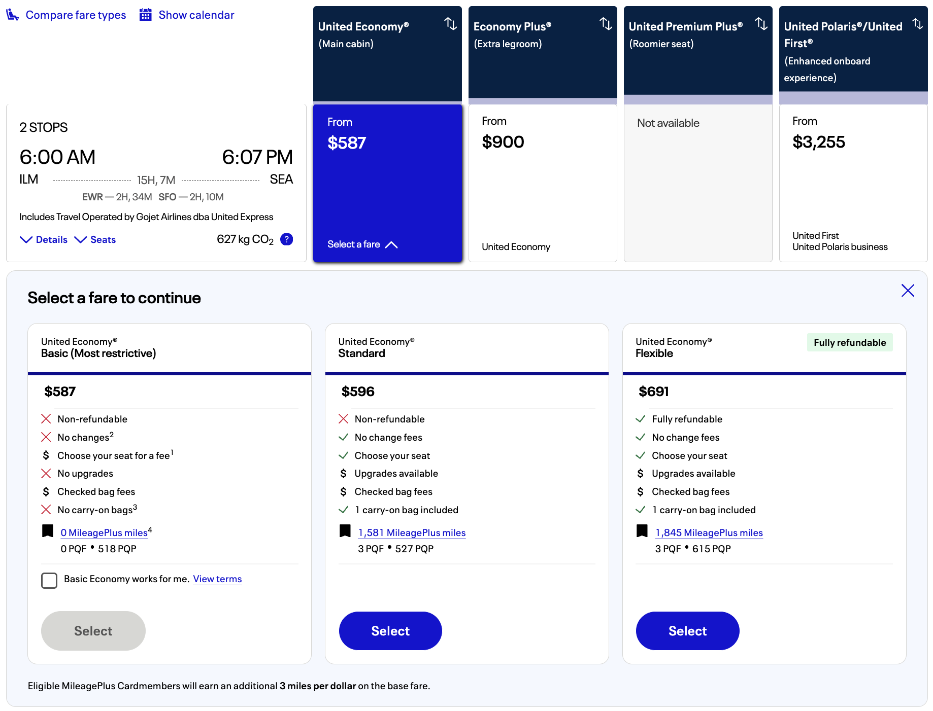 Screenshot of United fare structures and elite earnings.