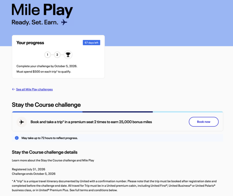United Mile Play offer for 25,000 bonus miles for two premium trips