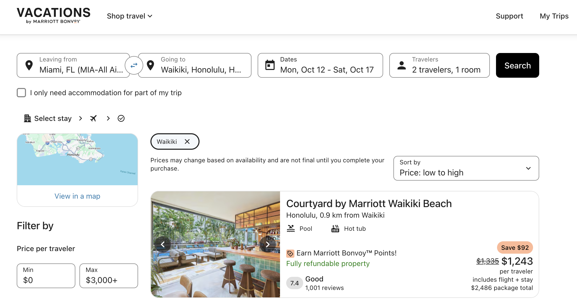 Screenshot of Vacations by Marriott booking in Hawaii.