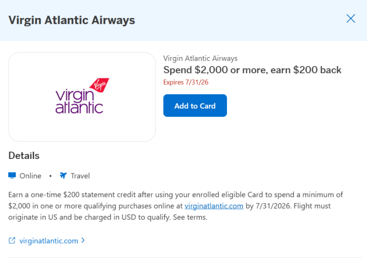 Amex Offer details for Virgin Atlantic