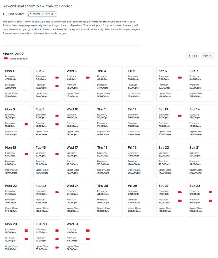 Virgin Atlantic Rewards JFK-LHR March 2027 Credit Virgin Atlantic