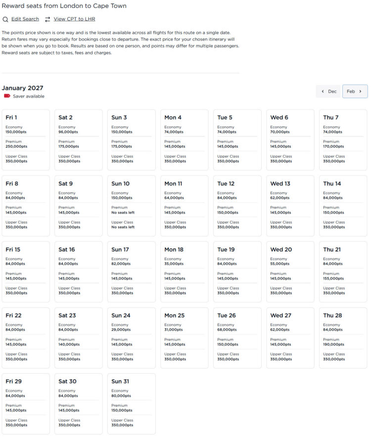 Virgin Atlantic Rewards LHR-CPT January 2027 Credit Virgin Atlantic