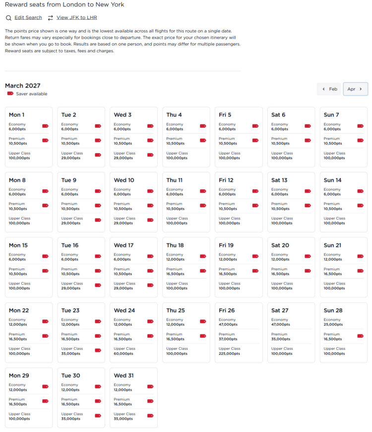 Virgin Atlantic Rewards LHR-JFK March 2027 Credit Virgin Atlantic