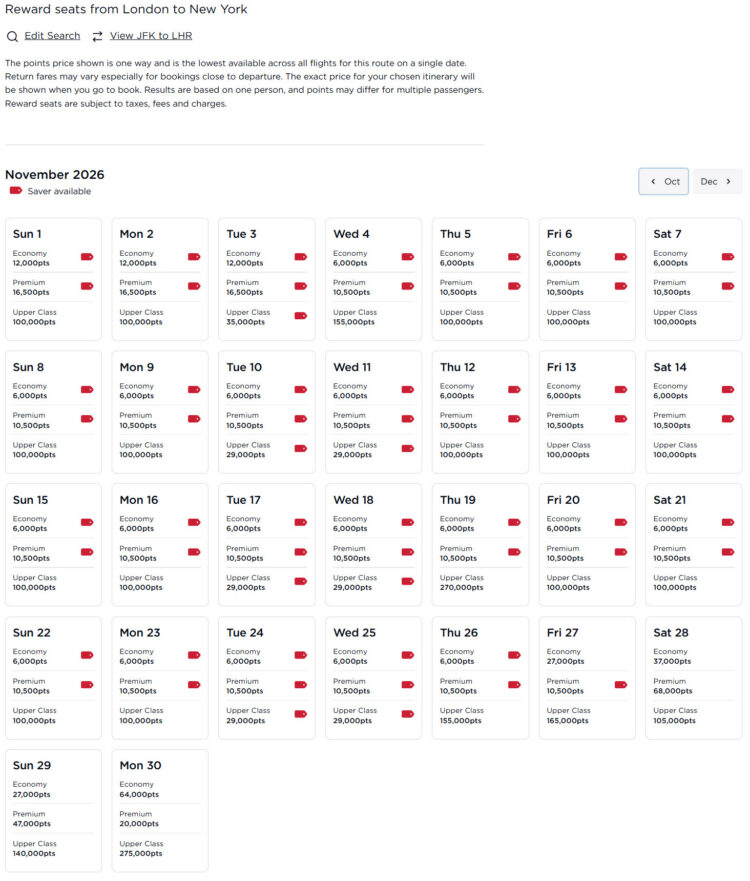 Virgin Atlantic Rewards LHR-JFK November 2026 Credit Virgin Atlantic