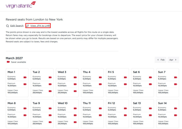 Virgin Atlantic Rewards LHR-JFK Switch March 2027 Credit Virgin Atlantic