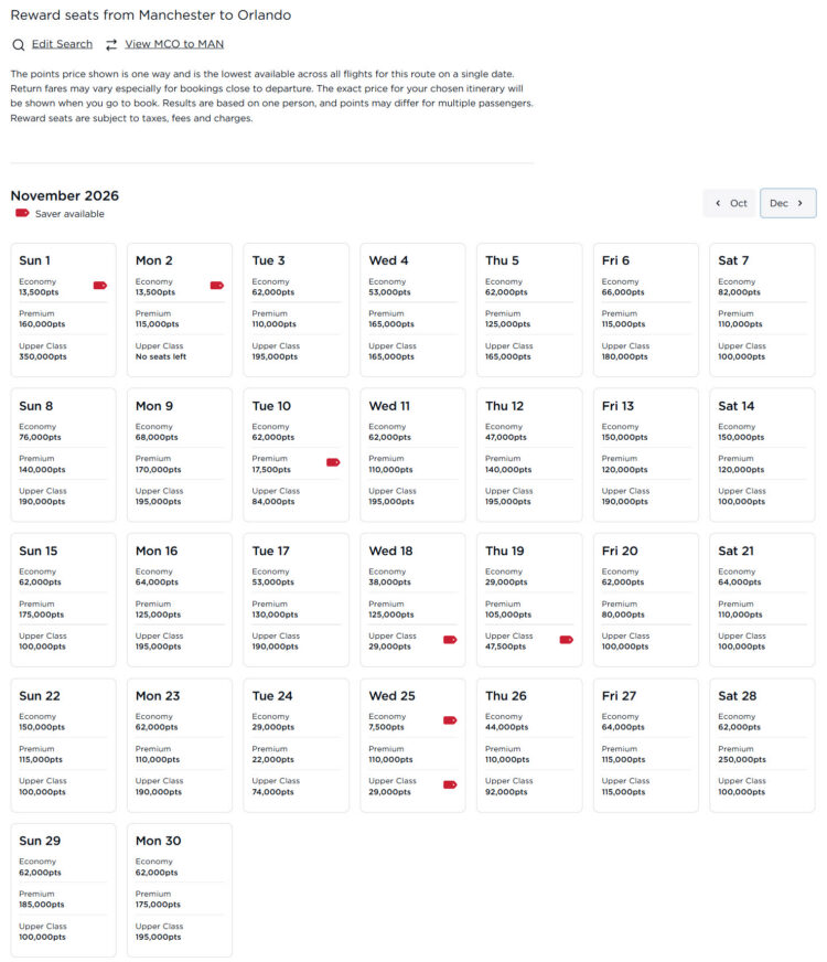 Virgin Atlantic Rewards MCO-MAN November 2026 Credit Virgin Atlantic
